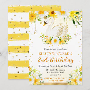 Watercolor Daisies Yellow Flowers Swan Birthday Invitation