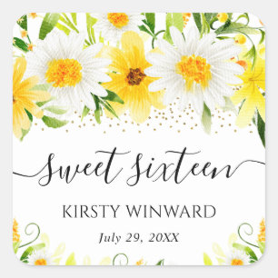 Watercolor Daisies & Yellow Flowers Sweet Sixteen Square Sticker