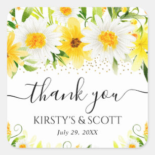 Watercolor Daisies & Yellow Flowers Wedding Square Sticker