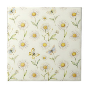 Watercolor Daisy and Butterfly Meadow Pattern Tile