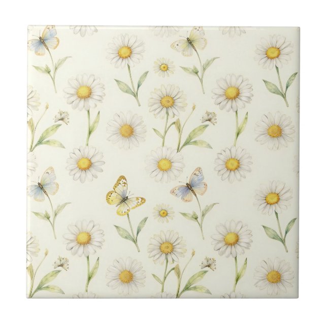 Watercolor Daisy and Butterfly Meadow Pattern Tile (Front)