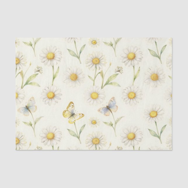 Watercolor Daisy and Butterfly Meadow Pattern Tissue Paper (Front)
