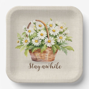 Watercolor Daisy Bouquet In Basket Paper Plate