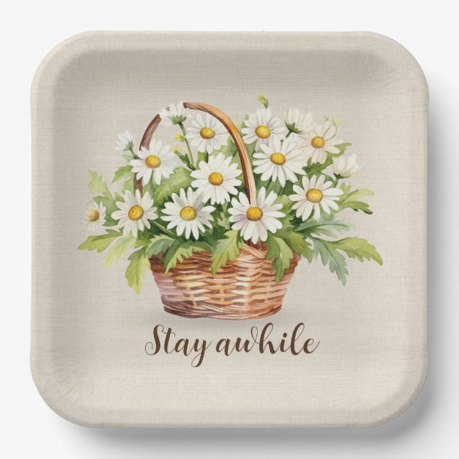 Watercolor Daisy Bouquet In Basket Paper Plate (Front)