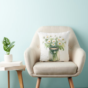Watercolor Daisy Bouquet In Mason Jar Throw Pillow