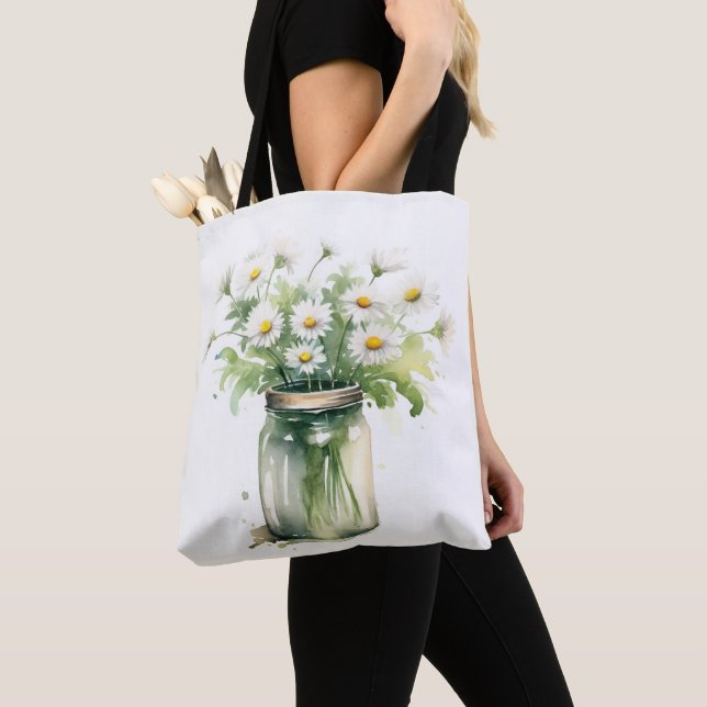 Watercolor Daisy Bouquet In Mason Jar Tote Bag (Close Up)