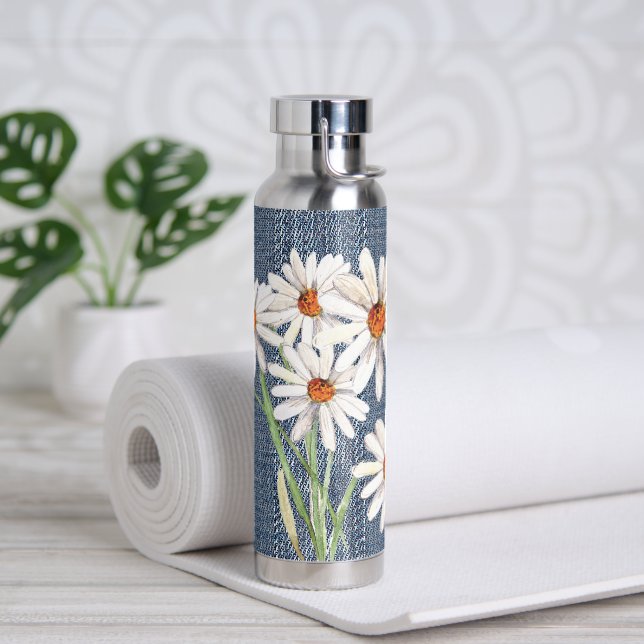 Watercolor Daisy Bouquet On Denim Water Bottle (Yoga)
