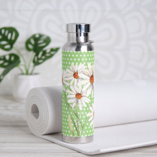 Watercolor Daisy Bouquet On Dots Water Bottle