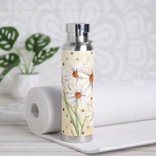 Watercolor Daisy Bouquet On Quilted Dots Water Bottle
