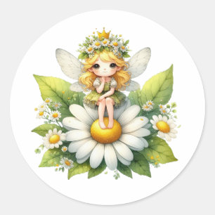 Watercolor Daisy Fairy Classic Round Sticker