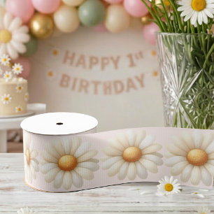 Watercolor Daisy Floral Birthday Grosgrain Ribbon