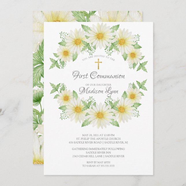 Watercolor Daisy Floral Communion Invitation (Front/Back)