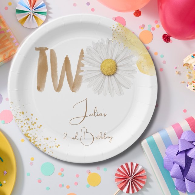 Watercolor daisy floral second Birthday Paper Plate (Creator Uploaded)