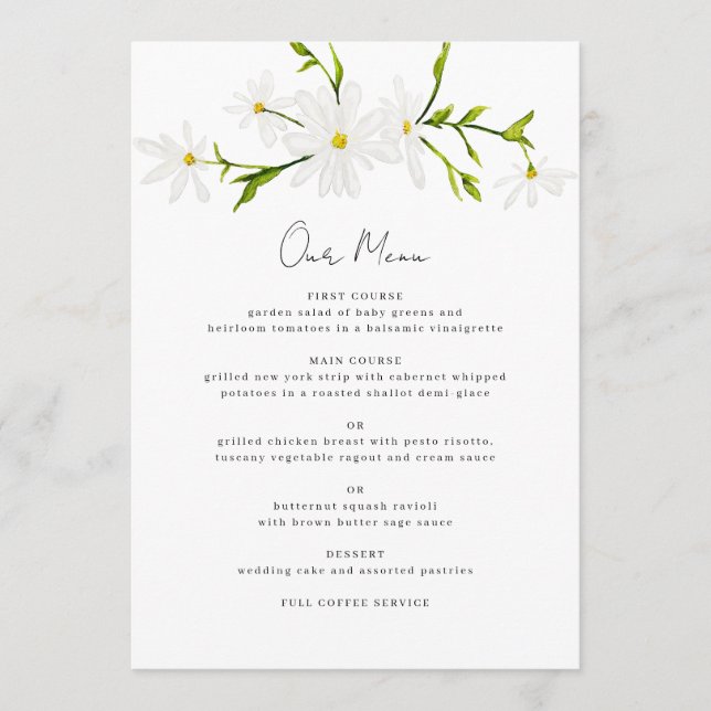 Watercolor Daisy Floral Wedal Reception Menu (Devant)