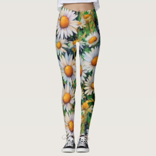 Watercolor Daisy Flowers Garden Leggings