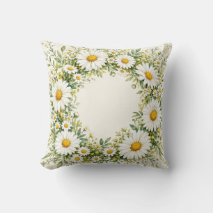 Watercolor Daisy Garden Wreath Throw Pillow