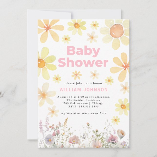 Watercolor Daisy Girl Baby shower rose Invitation (Devant)
