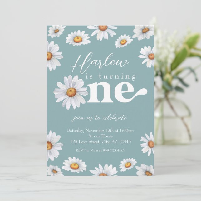 Watercolor Daisy One Girl's first Birthday Invitation (Standing Front)