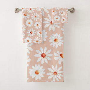 Watercolor Daisy Pattern Pink Blush Background  Bath Towel Set