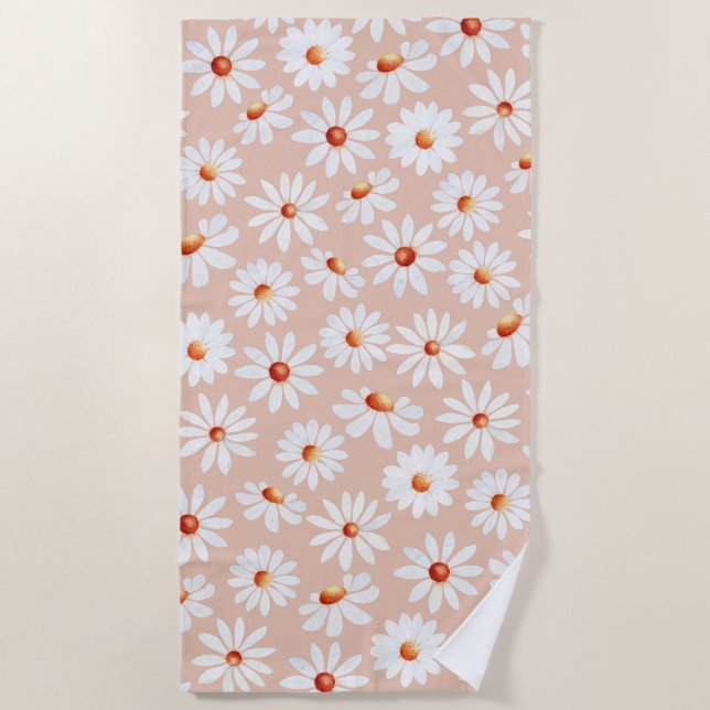 Watercolor Daisy Pattern Pink Blush Background  Beach Towel (Front)