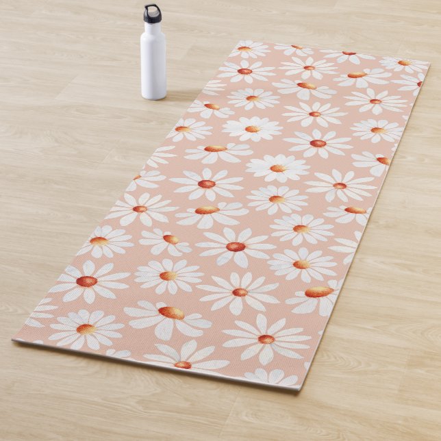 Watercolor Daisy Pattern Pink Blush Background  Yoga Mat (In Situ)