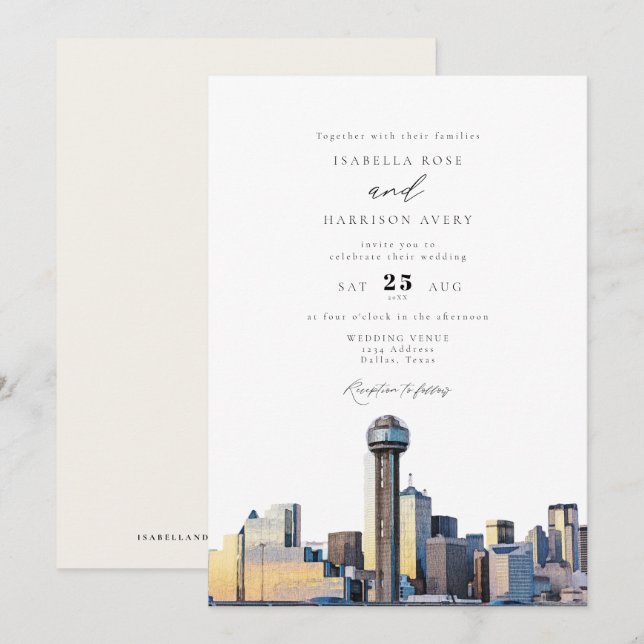 Watercolor Dallas Texas Skyline Wedding Invitation (Front/Back)