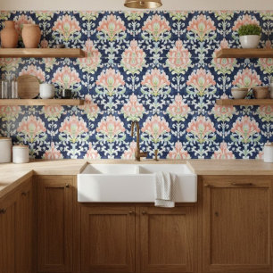 Watercolor Damask Navy Coral Green Decorative Tile