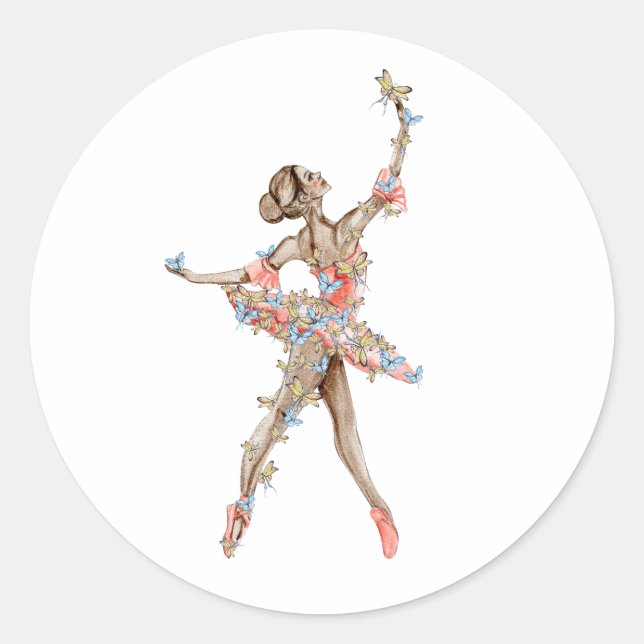 Watercolor dancing ballerina with butterfly classic round sticker (Front)