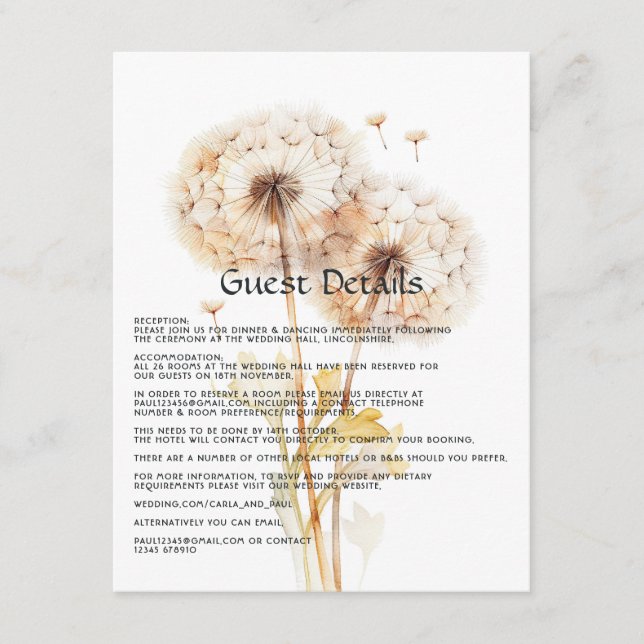 Watercolor Dandelion Wedding Guest Details Enclosure Card (Front)