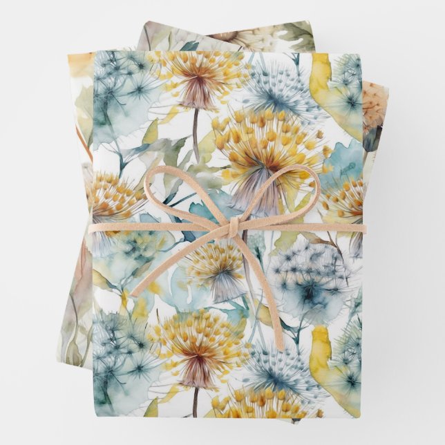 WATERCOLOR DANDELIONS AUTUMN FLORAL GIFT WRAPPING PAPER SHEET (In situ)