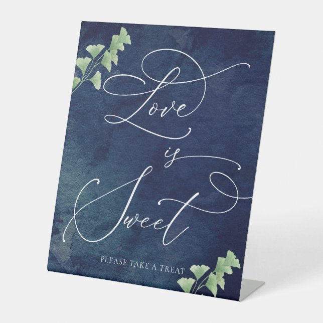 Watercolor Dark Blue Greenery Wedding Dessert Bar  Pedestal Sign (Front)