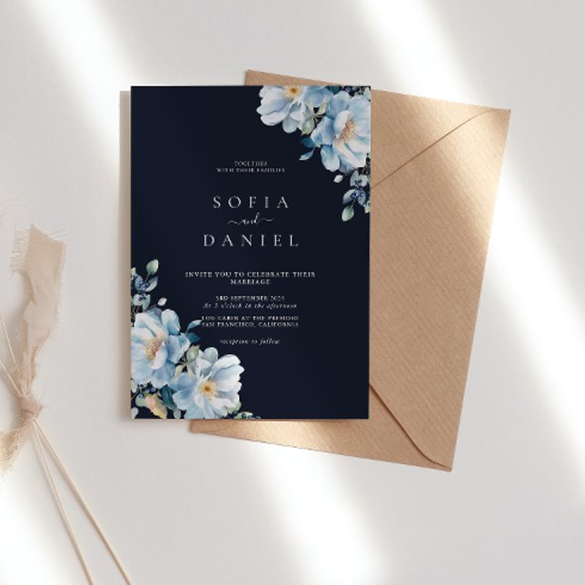 Watercolor Dark Blue Winter Floral Frame Wedding Invitation (Creator Uploaded)