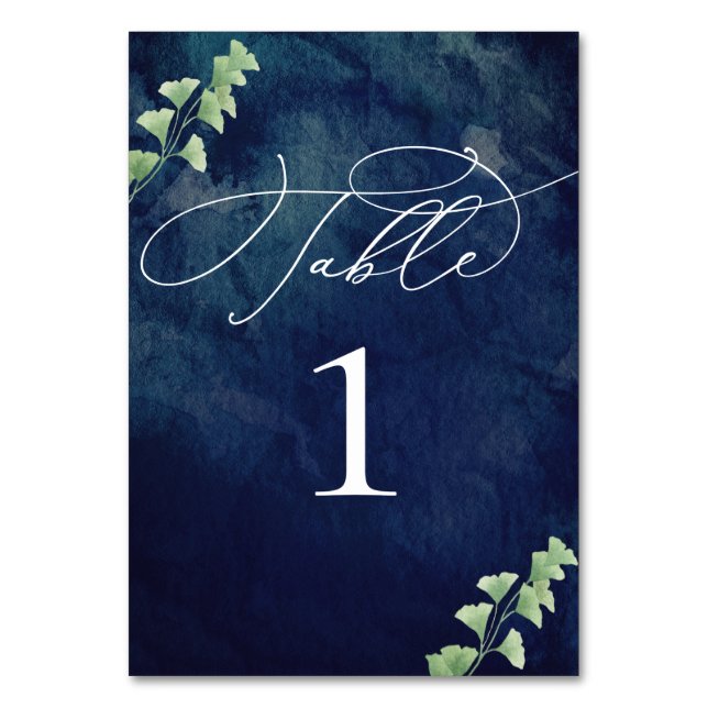 Watercolor Dark Blue with Greenery Wedding Table Number (Front)