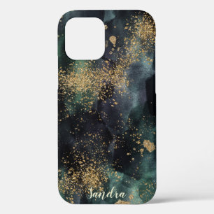 Watercolor Dark Green Ombre & Gold Personalized iPhone 12 Case