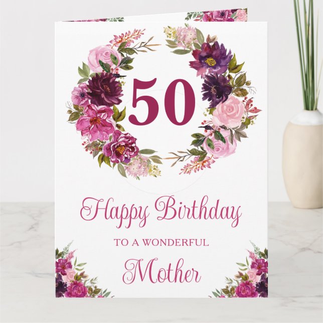 Watercolor Dark Pink Flowers Birthday Card (Front)