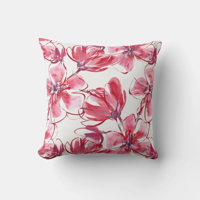 Watercolor Dark Red Flowers Throw Pillow (Front)