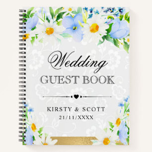 Watercolor Dasies Blue Flowers Wedding Guest Book