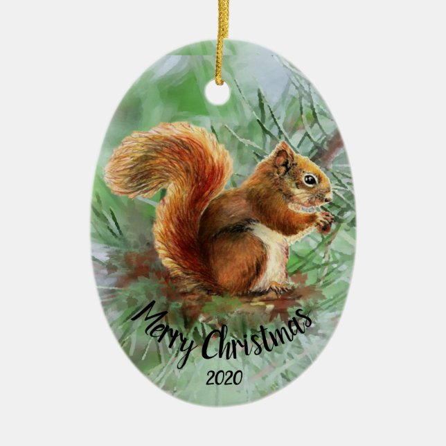 Watercolor Dated Squirrel Animal Merry Christmas Ceramic Ornament (Front)