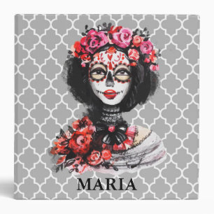 Watercolor Day of the Dead Skull Roses Pink Red Binder
