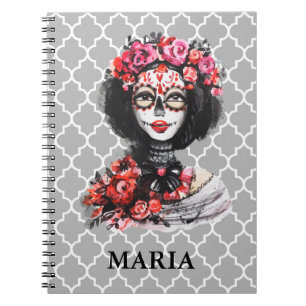 Watercolor Day of the Dead Skull Roses Pink Red Notebook