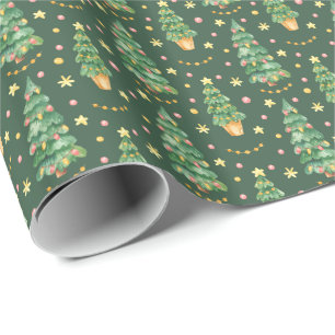 Watercolor Decorated Christmas Trees Green Pattern Wrapping Paper