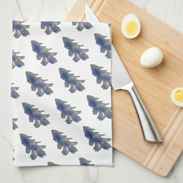Watercolor Deep Blue Pine Tree Kitchen Towel (Quarter Fold)
