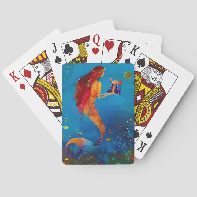 Watercolor Deep Blue Sea Glitter Mermaid Playing Cards (Back)