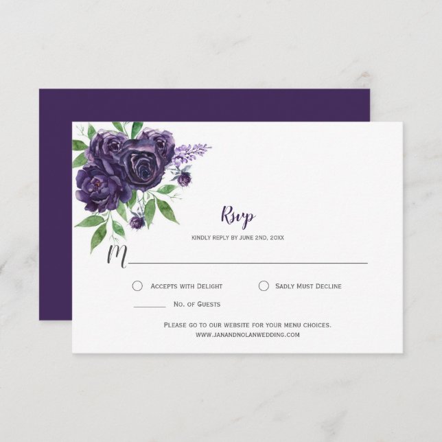 Watercolor Deep Purple Roses Greenery RSVP (Front/Back)
