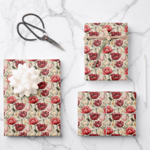 Watercolor deep red blush tulips narcissus spring  wrapping paper sheet