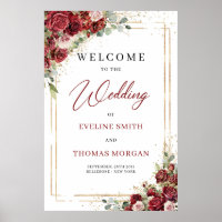 Watercolor deep red marsala roses wedding welcome
