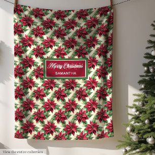 Watercolor Deep Red Poinsettia Sage Green Muted Fleece Blanket
