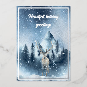 Watercolor deer and snow custom Christmas Foil Holiday Card