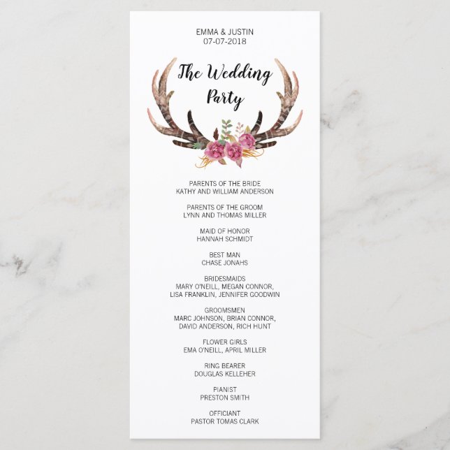 Watercolor Deer Antlers Country Wedding Rackcard Program (Front)