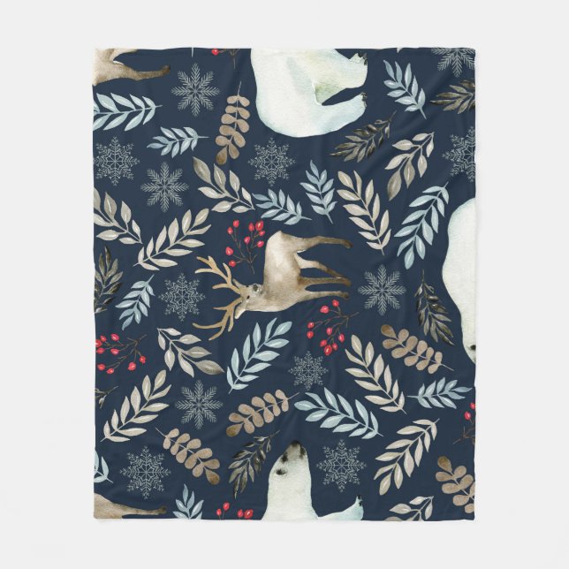 Watercolor Deer Bear Hand Drawn Fleece Blanket (Front)